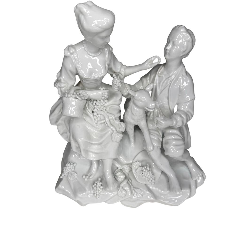 Maitland Smith White Porcelain Man & Woman W Sheep Lamb Grapes Republic Of China